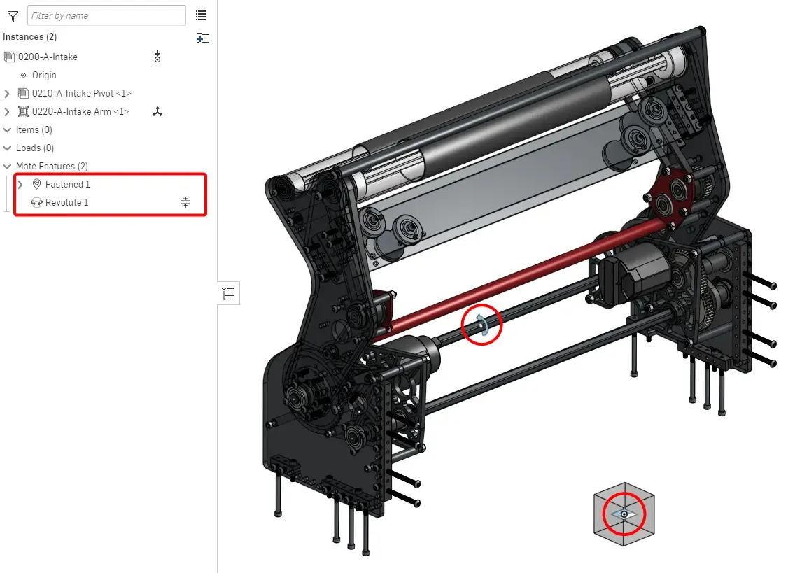 Top Level Assembly: 0200-A-Intake. Notice that there is only two mates. The revolute is between the two intake pivot mate connectors, which are attached to the respective origin cubes.
