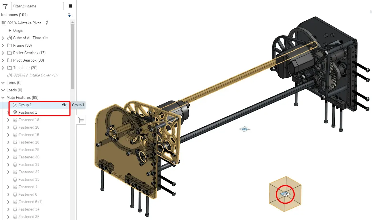 Stationary Components Assembly: 0210-A-Intake Base. The components are group mated and the origin cube is fastened to the origin.