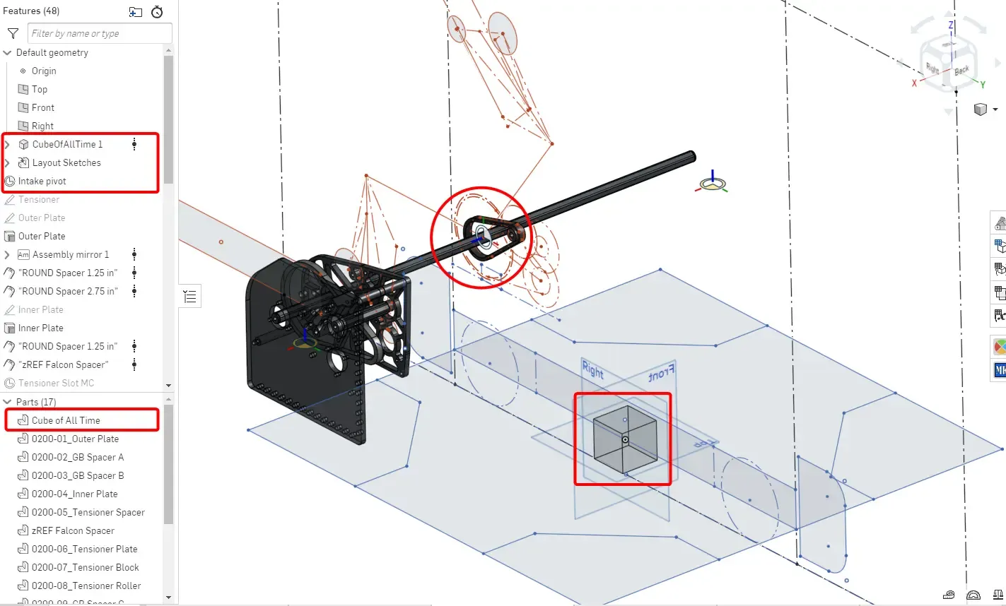 Stationary Components PS: 0210-A-Intake Base. Notice the intake pivot mate connector, derived from the orange main layout sketch.