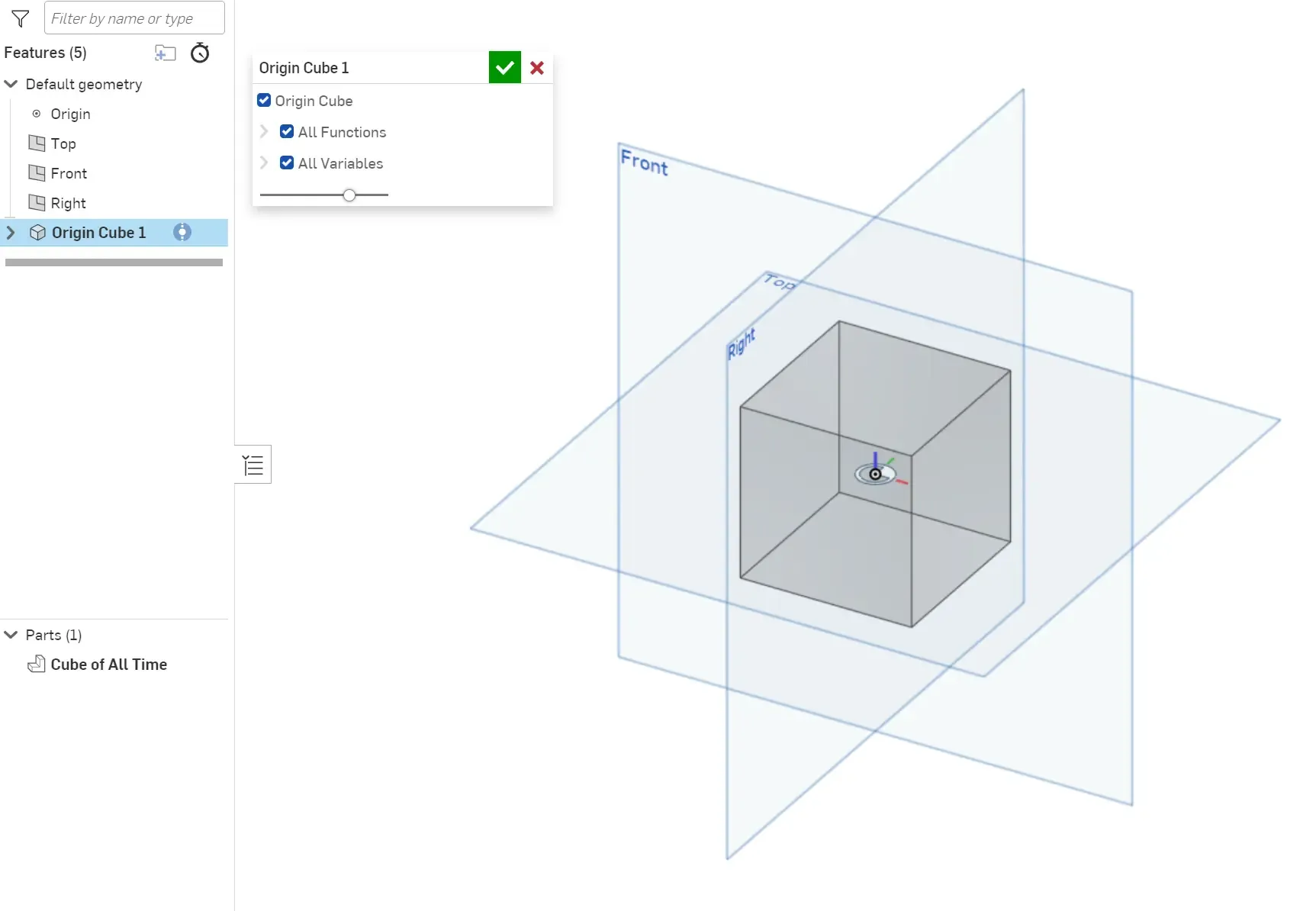 Inserting the Origin Cube feature